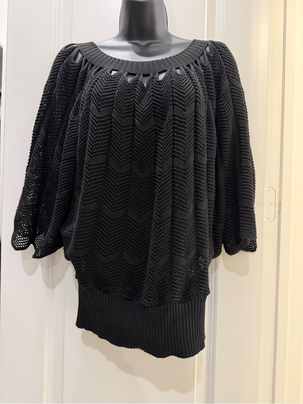 Black Crochet Open Knit Batwing Dolman Sleeve Sweater Cutout Neckline
